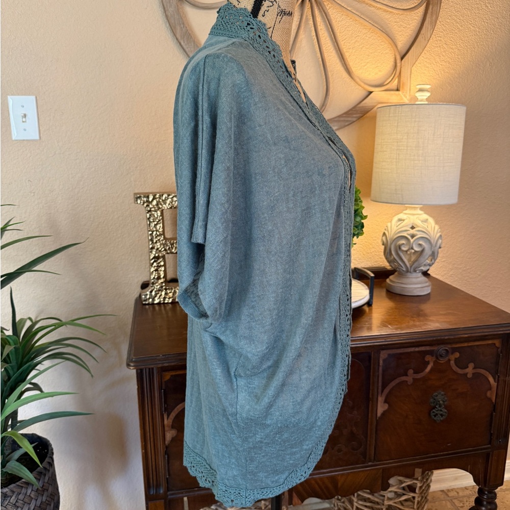 New Pink Republic Sage Green Open-Front Cardigan with Crotched Trim - Picture 6 of 13
